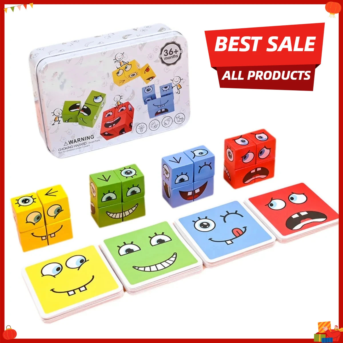 Kids Emotions Expression Game Wooden Cube Face Changing Board Cartoon Puzzle Toy Montessori Thinking Challenge Games Oasis Select
