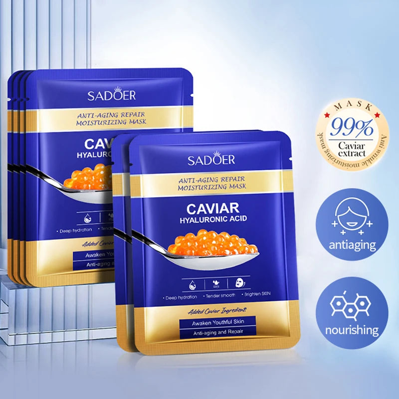 5pcs SADOER Caviar Hyaluronic Acid Moisturizing Facial Masks Brightening Firming Hydrating Face Mask Facial Skin Care Products Oasis Select