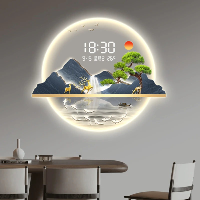 Round Greeting Pine Luminous Electronic Clock Guest Restaurant Porch Decorative Painting LED Light Hanging Wall Clock Oasis Select