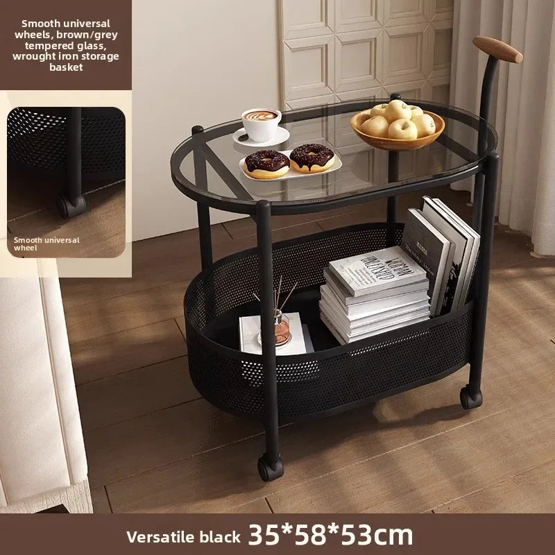 Multi-functional French light luxury movable glass trolley side table living room sofa small coffee table bedroom bedside table Oasis Select