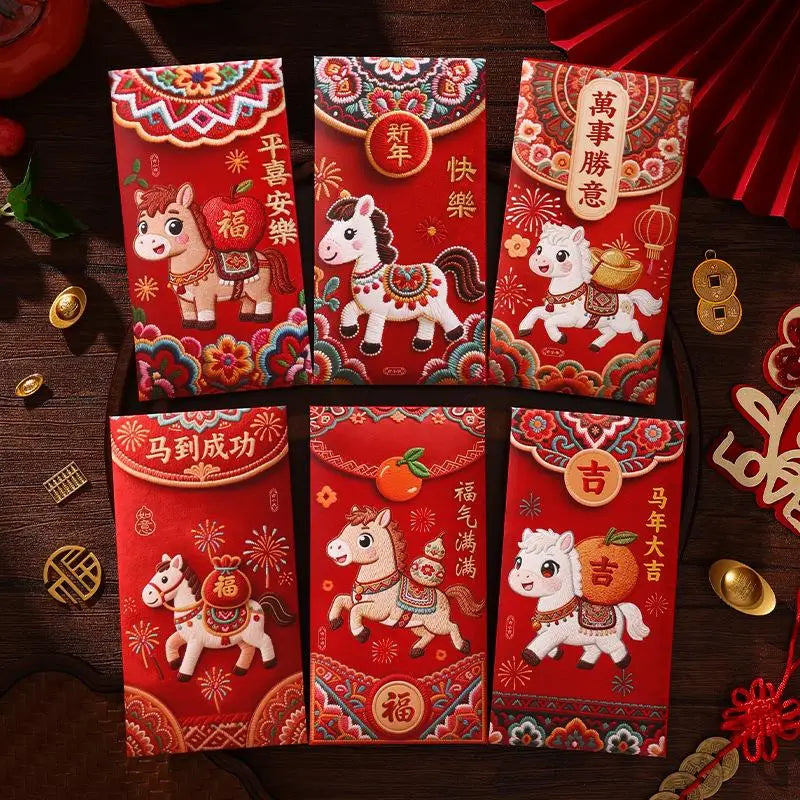 6Pcs Cartoon Three Dimensional Imitation Embroidery The Year Of The Horse Red Envelope New Year Festival Envelope Oasis Select A3