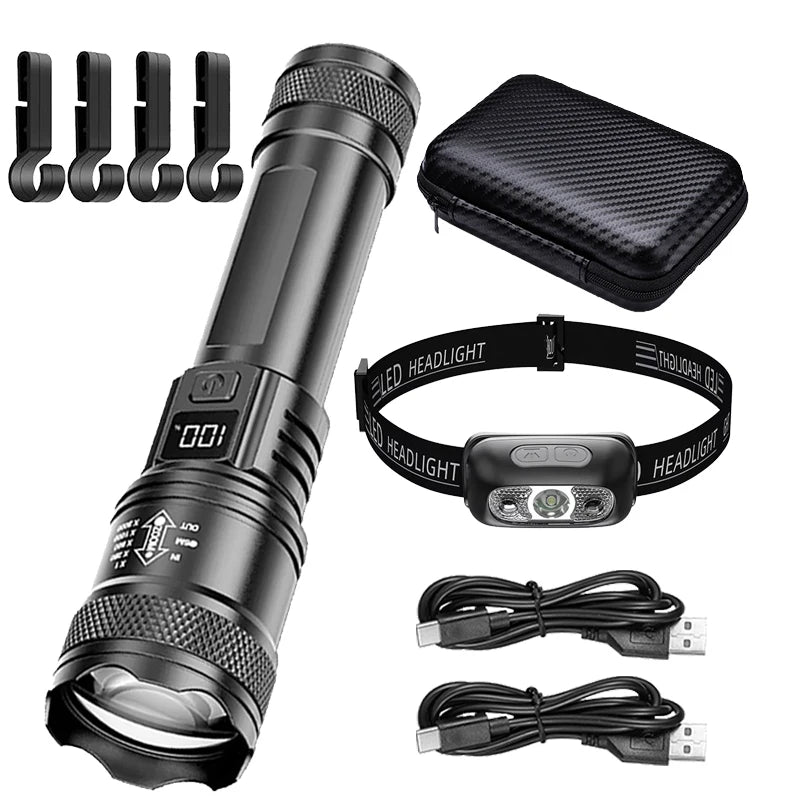 Rechargeable LED Flashlight Zoomable Torch with LCD Display 3 Modes Waterproof High Power Hand Light Outdoor Wilderness Camping Oasis Select Package List C ZOOM Built in battery