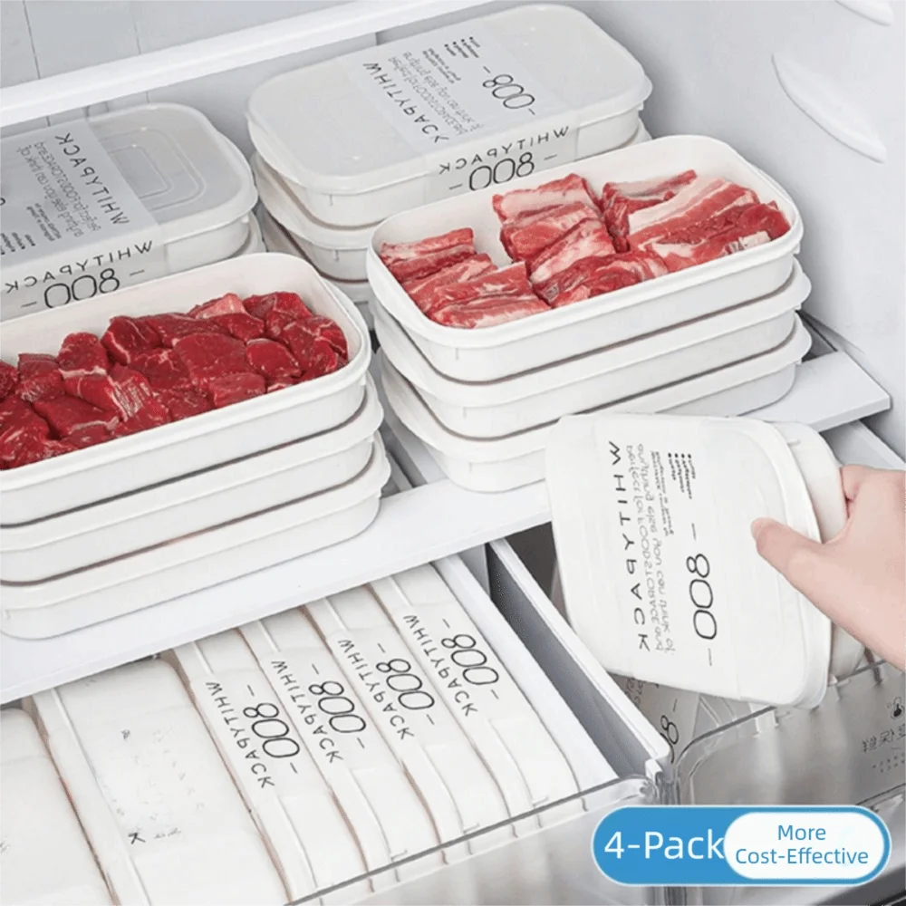 4Pcs Airtight Freezer Fresh-Keeping Box Microwave Safe 350/800ml Refrigerator Organizer Box Stackable White Oasis Select