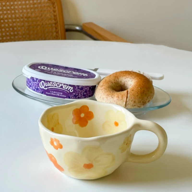 Ceramic Mugs Cute Hand Pinched Irregular Flower Heart Pattern Coffee Cup Ins Style Drinkware Kitchen Breakfast Milk Tea Cups Oasis Select