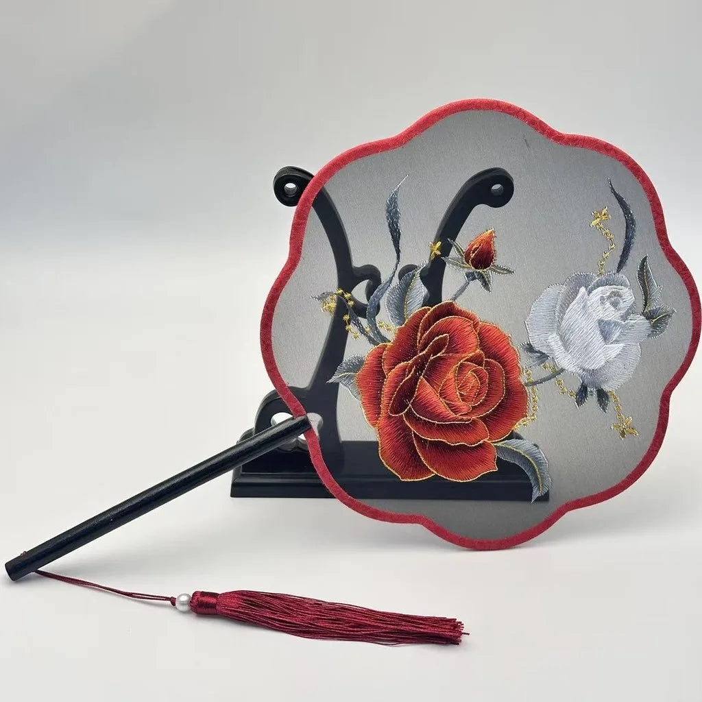 Chinese Style Silk Round Fan Double-sided Floral Embroidery Hand Fans with Tassel Summer Dance Fan For Women Wedding Home Decor Oasis Select Assorted Colors-4