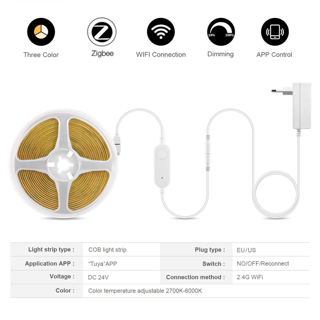 Zigbee COB LED Strip Light 24V Dimmable Color Temperature 2700K-6500K Change Cabinet Backlight Tape Works with Tuya Alexa Google Oasis Select