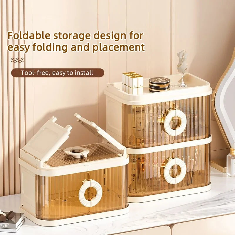 Foldable Makeup Organizer - No Assembly Rolling Cart with Sliding Doors, Large Capacity Space-Saver for Home Storage Oasis Select