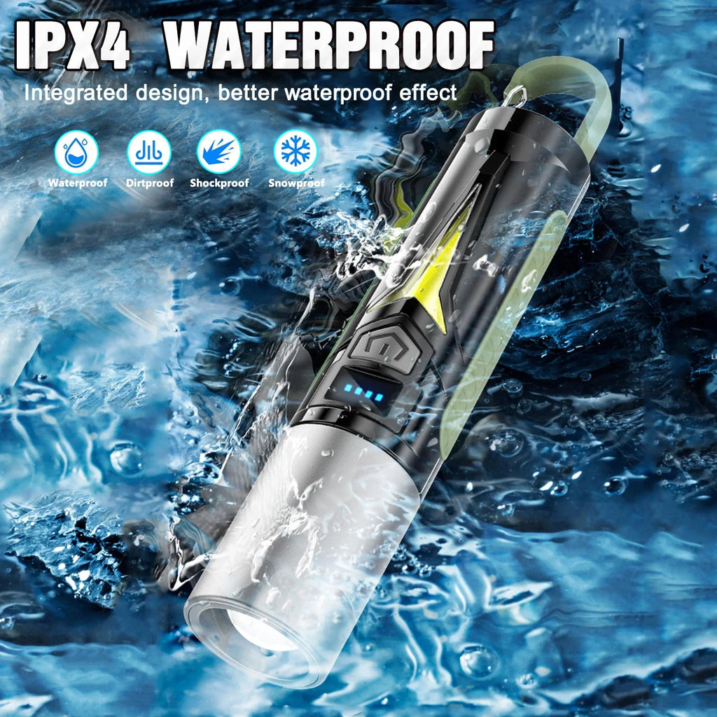 Powerful LED Flashlight Outdoor Camping Light USB Rechargeable Flashlight Portable Work Light Emergency Torch with Side Lights Oasis Select