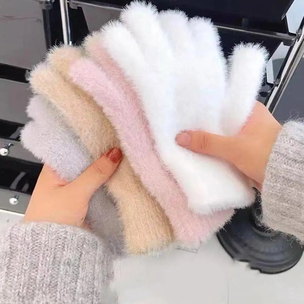 Fashion Winter Mink Velvet Five Finger Gloves Plush Warm Cold-proof Gloves Women Outdoors Cycling Solid Color Mittens Oasis Select