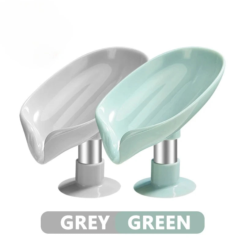 Soap Holder Drain Water Soap Dish Leaf Shape Soap Box Shower Soap Drainer Suction Cup Soap Container Modern Bathroom Accessories Oasis Select Grey and Green