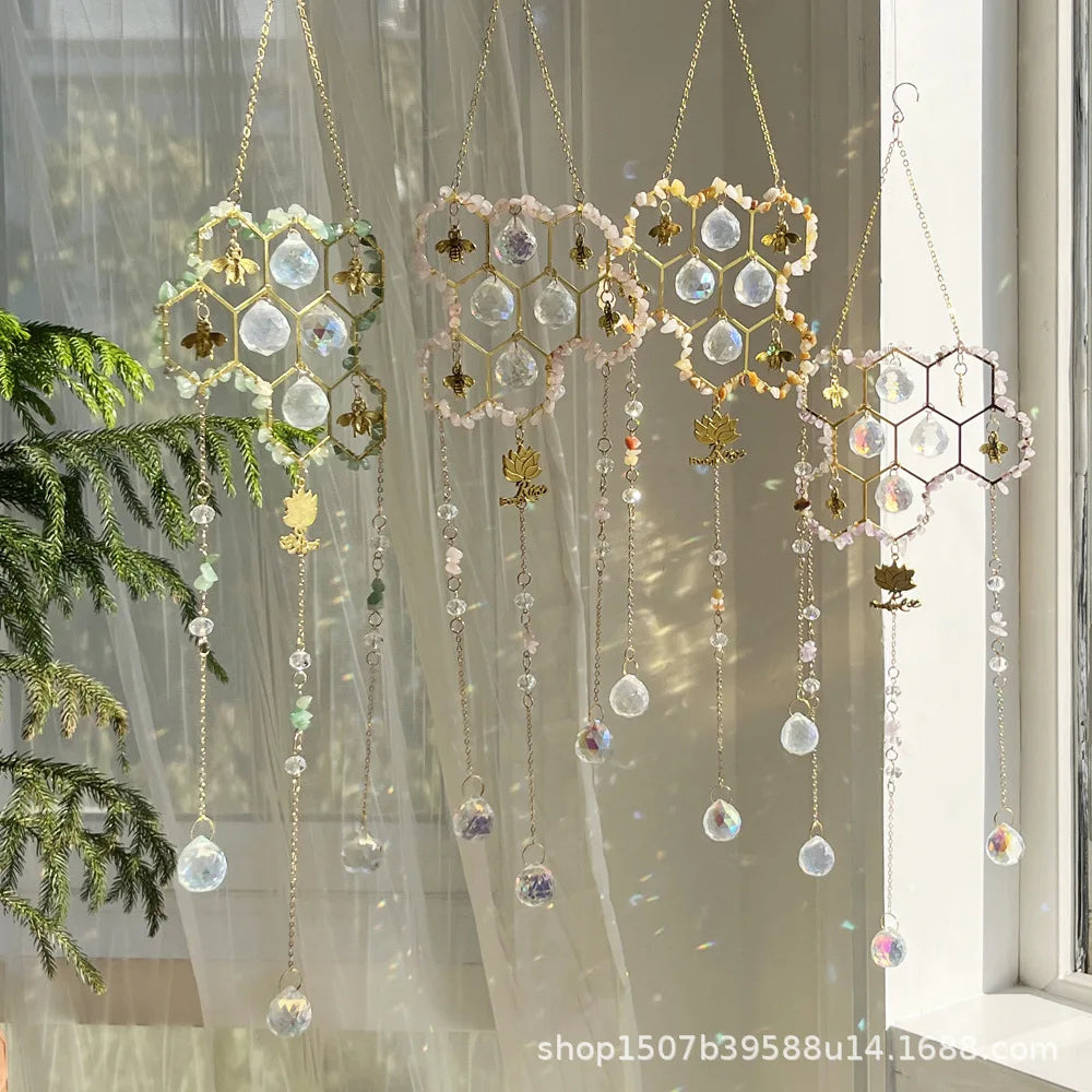 Sun Catcher Pendant Custom Wind Chimes New Big Hive Small Bee Natural Crystal Sun Catcher Room Decor Oasis Select