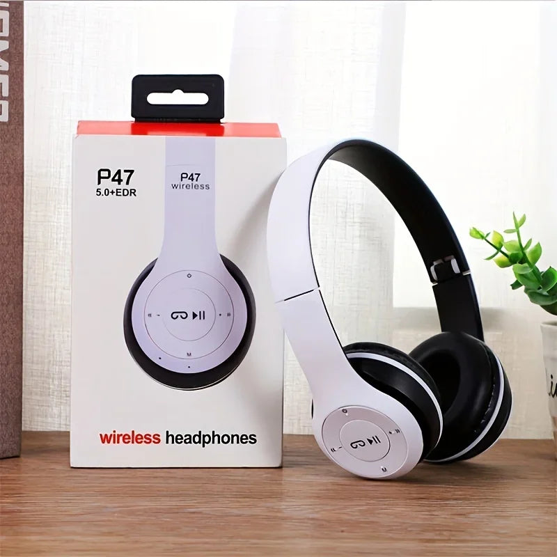 P47 Bluetooth 5.0 Wireless Headphone Foldable HIFI Stereo Bass Earphone Kid Helmet Gift With Mic USB Adaptor For iPhone Game Oasis Select WHITE