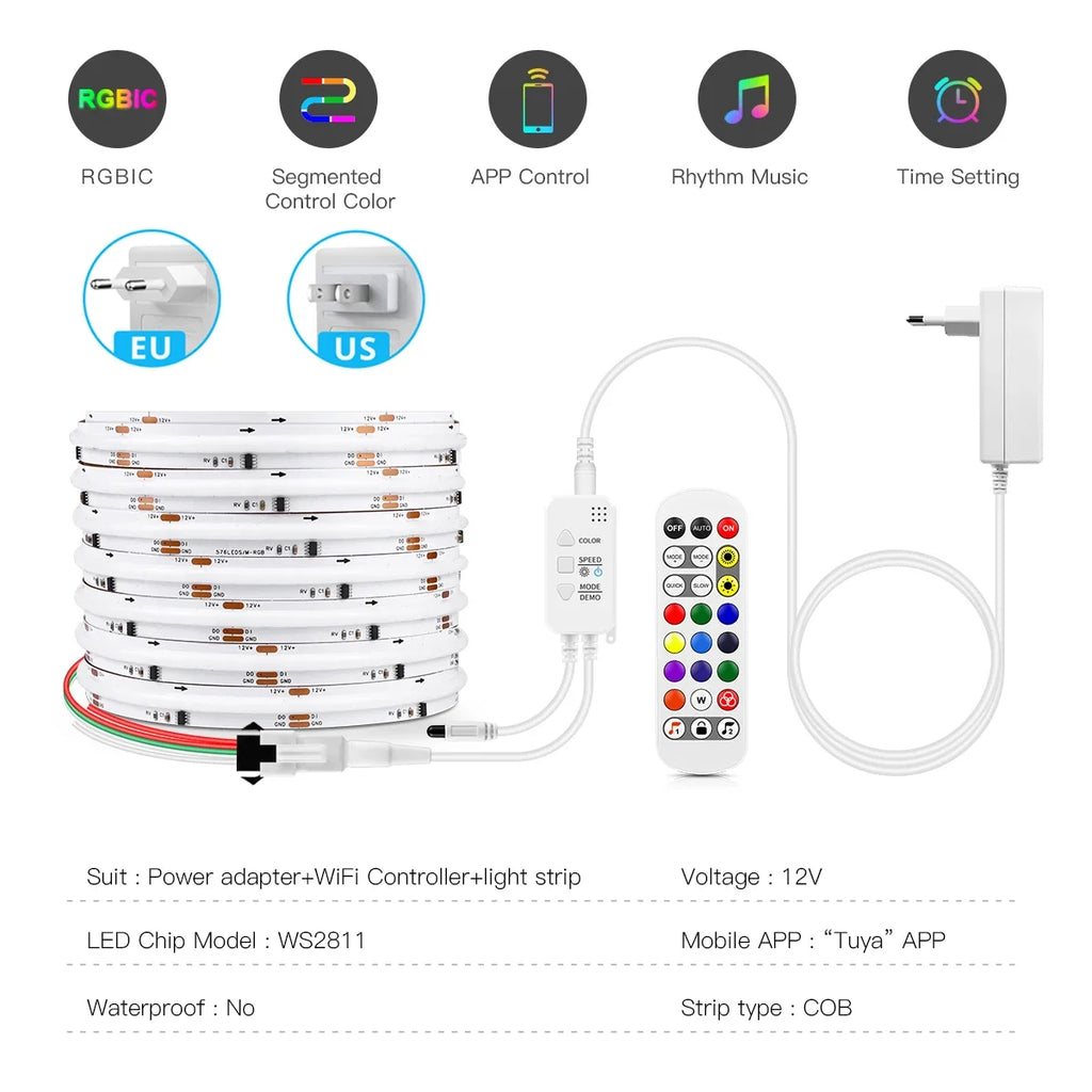 12V Tuya Smart Life App Control RGBIC COB LED Strip Light DIY Addressable WS2811 IC Flexible Tape Ambinet Light for Alexa Google Oasis Select