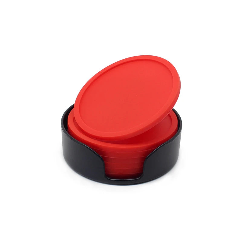 6pcs Non-slip Silicone Drinking Coaster Set Holder Cup Coaster Mat Set Round Coffeee Cup Mat Set Black Tabletop for Home Kitchen Oasis Select Red 6 mat and 1 bracket Round
