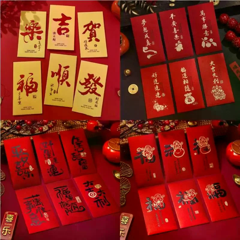 6 Pcs Chinese New Year Red Envelope Best Wishes Chinese Style Hot Stamping Bronzing Red Pocket Wedding Party Decorations Oasis Select