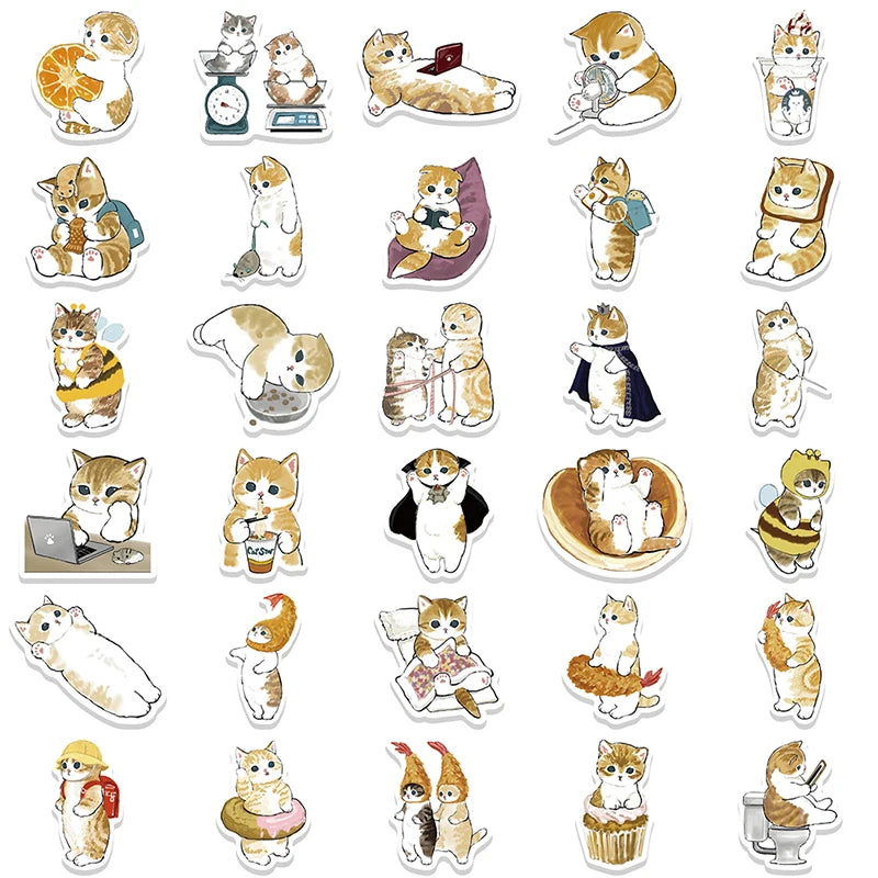 64Pcs Cute Cat Cartoon Stickers Aesthetic Kawaii Animal Decals Kids Toys Scrapbook Laptop Luggage Phone Graffiti Sticker Oasis Select