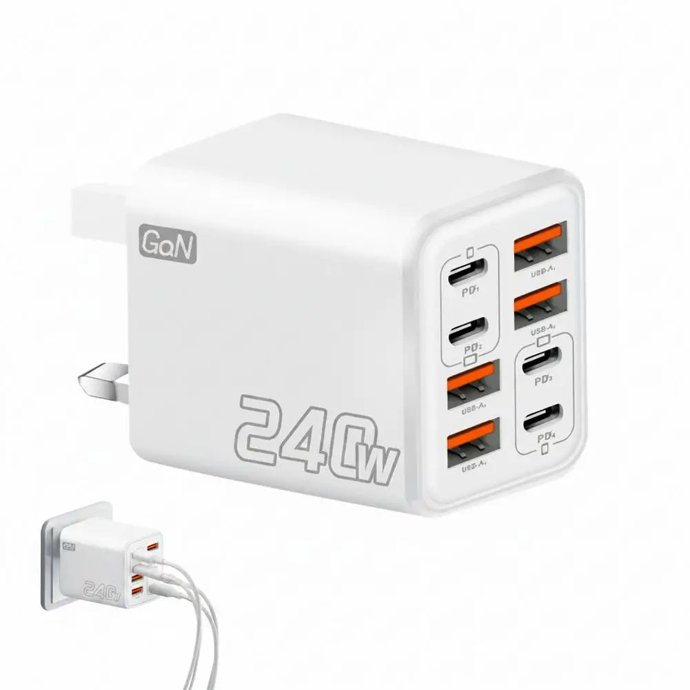 240W 8-Port GaN USB-C PD Wall Charger – Travel Adapter US EU UK