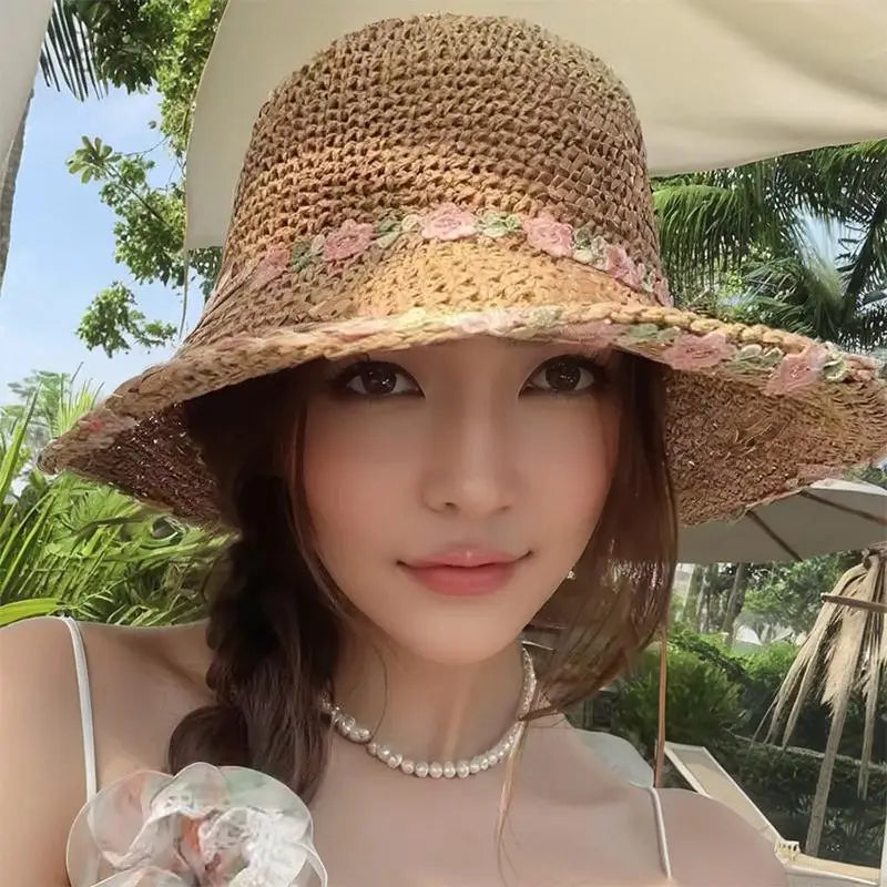 Foldable Summer Straw Sun Hat for Women UV Protection Wide Brim Lightweight Beach Garden Vacation Headwear Oasis Select C one size