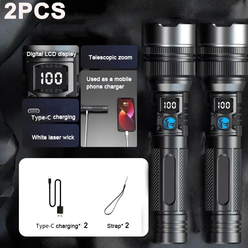 1/2PCS High-Power Flashlight Zoomable Focus Torch USB Rechargeable Flashlights with Strip LCD Smart Power Display for Outdoorr Oasis Select 2PCS Built-in battery