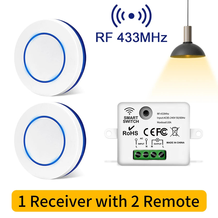 Mini Round Button Wall Switch RF 433MHz Wireless Light Switch 100-240V 10A Relay Receiver Remote Control for Home LED Light Oasis Select 1 Receiver 2 Remote