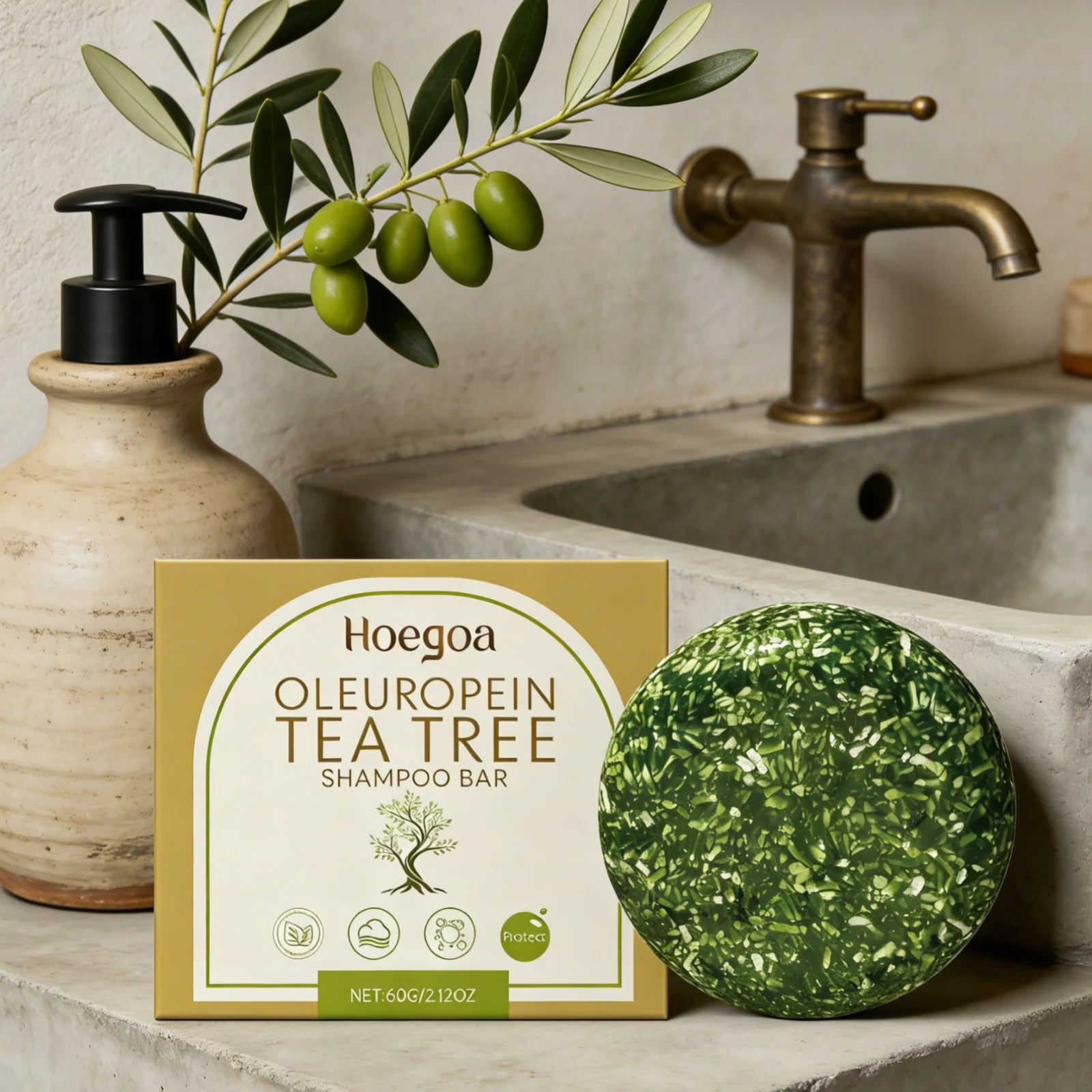 Hoegoa Oleuropein Tea Tree Shampoo Bar Gentle Cleansing Strengthen Hair Roots Add Shine Moisturize Hair Smooth Solid Shampoo Bar Oasis Select