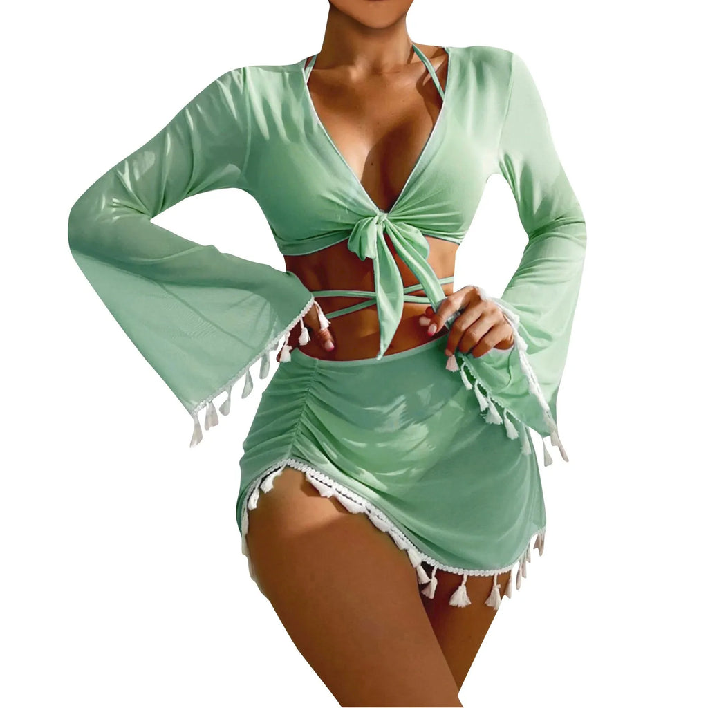 Solid Color Sexy Fashion Slim Fitting Beach Swimwear For Lady Split Lightweight Strap High Waist Pleated Cover-up Four-Piece Set Oasis Select