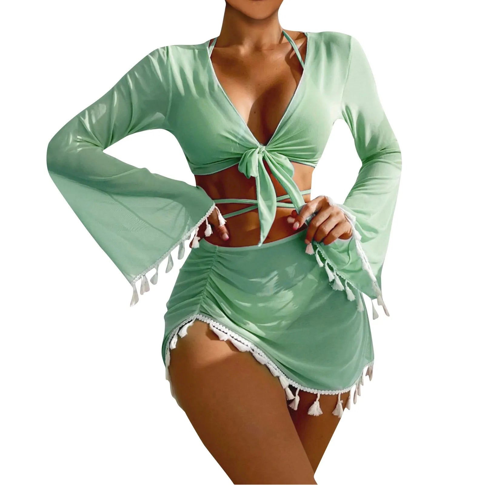 Solid Color Sexy Fashion Slim Fitting Beach Swimwear For Lady Split Lightweight Strap High Waist Pleated Cover-up Four-Piece Set Oasis Select