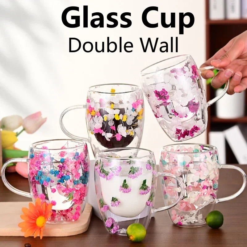 1PCS 300ml Double Wall Glass Cup with Handle Dried Flower Decorated Ins StyleDurable Coffee Milk Mug Heat Resistant Tea Cups Oasis Select