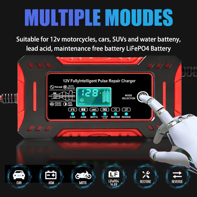 14.6V 6A LiFePO4 Battery Charger LCD Display 12V 6A Max Smart Pulse Repair Battery Charger For Car Moto Lead Acid AGM Batteries Oasis Select