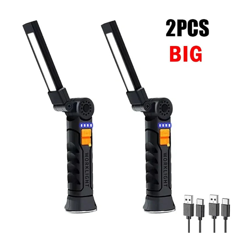 New Portable COB LED Flashlight USB Rechargeable Work Light Magnetic Lanterna Hanging Lamp with Built-in Battery Camping Torch Oasis Select Large 2PCS