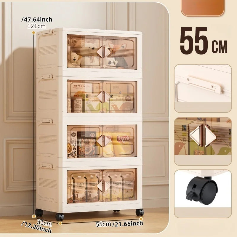 Foldable 55cm Width Plastic Storage Box Wheeled Multi-layer Clothing Cabinet Organizer for Books/Kitchen Supplies/Wears Oasis Select 55cm-Cream-4 Layers
