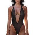Sexy Woman Deep V Neck Bodysuit High Cut Bikini Jumpsuit One-Piece See-Through Backless Halter Bikini Swimsuit Erotic Lingerie Oasis Select Black L