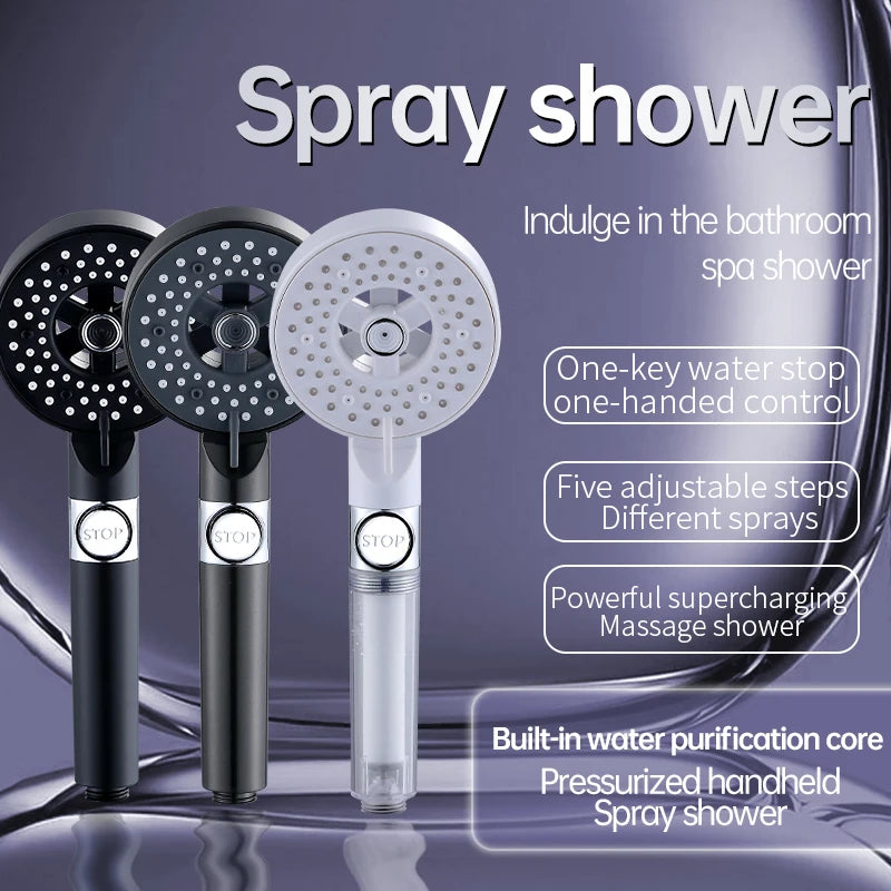 New High Pressure Shower Head 5 Modes Adjustable Showerhead Water Saving One-Key Stop Spray Nozzle Hose Bathroom Accessories Set Oasis Select