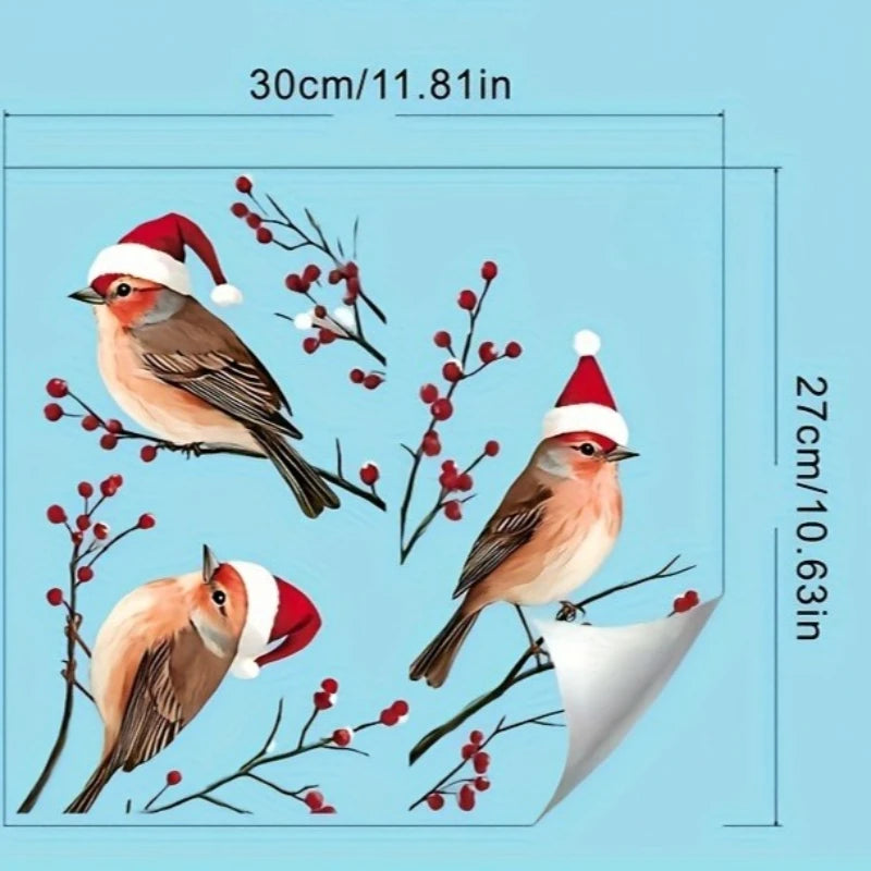 1PC Three Birds in Santa Hats Window Stickers Christmas Theme Red Berry Branches Decorative Wall Stickers for Glass and Window Oasis Select UVN931