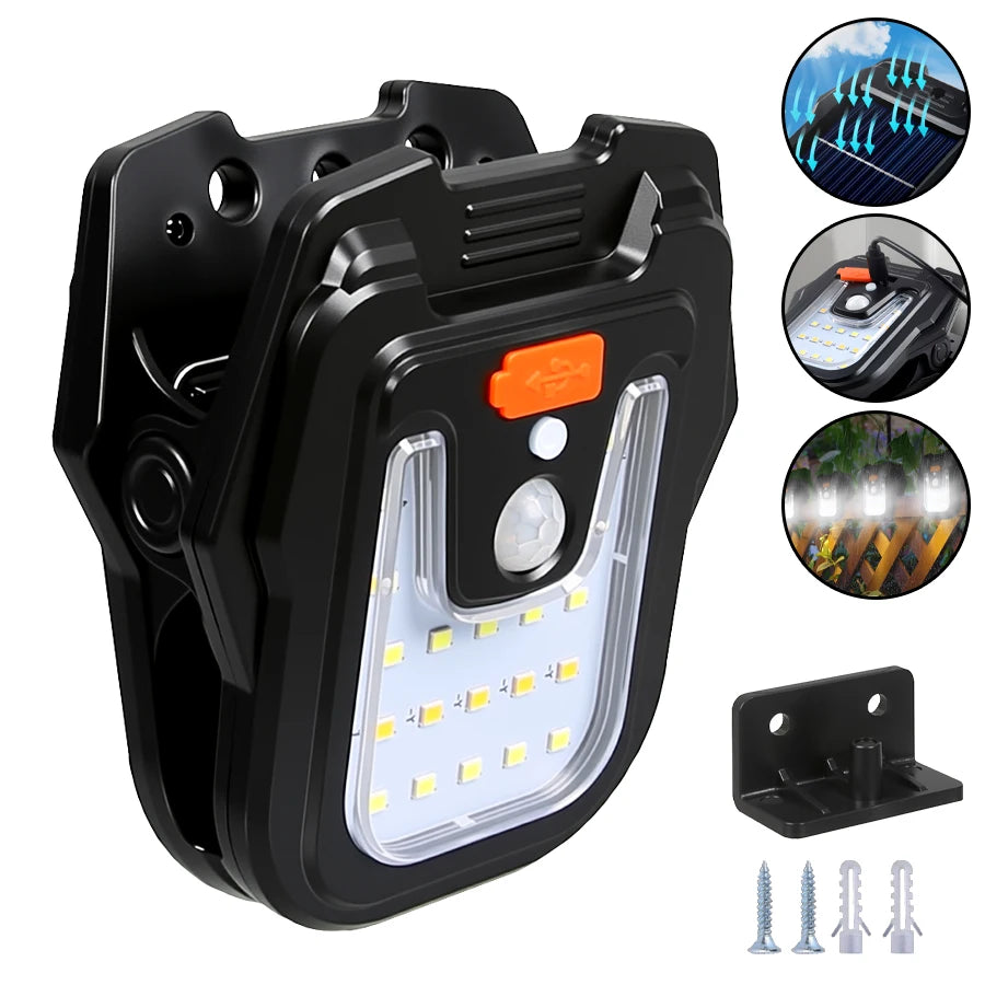 Solar Clip LED Light – 4 Modes, PIR Sensor, IP65, USB Charge