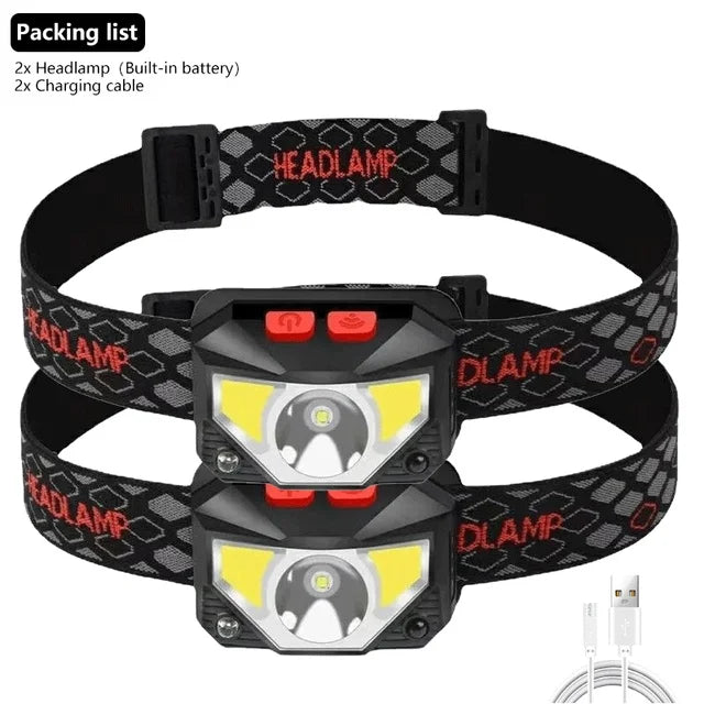 8 Modes Handfress Motion Sensor Powerful LED Headlight headlamp Head Lamp COB Flashlight Torch head light For Camping, fishing Oasis Select 2PCS