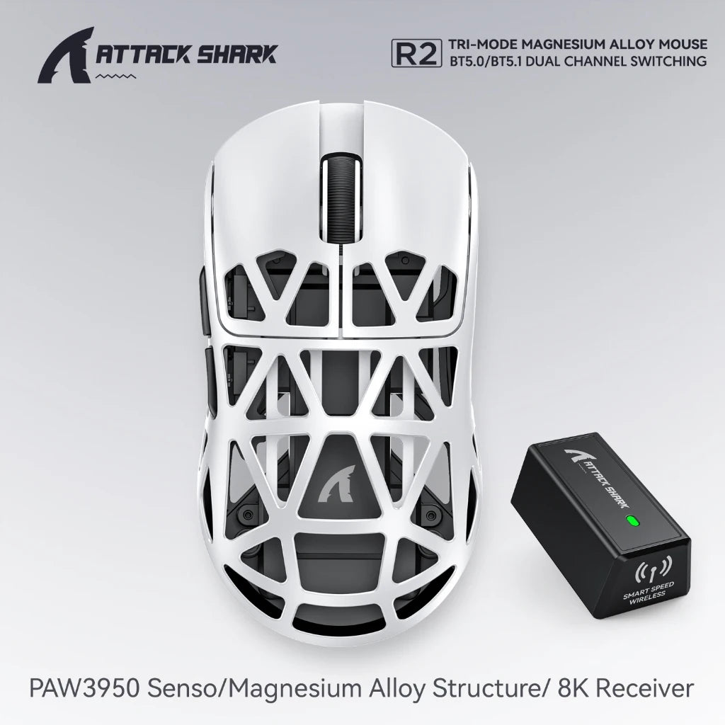 Attack Shark R2/8K Magnesium Gaming Mouse-8000Hz Polling, 48g Ultra Light, Tri-Mode Wireless, PAW3950Max Sensor with R2 Mini Oasis Select R2 White