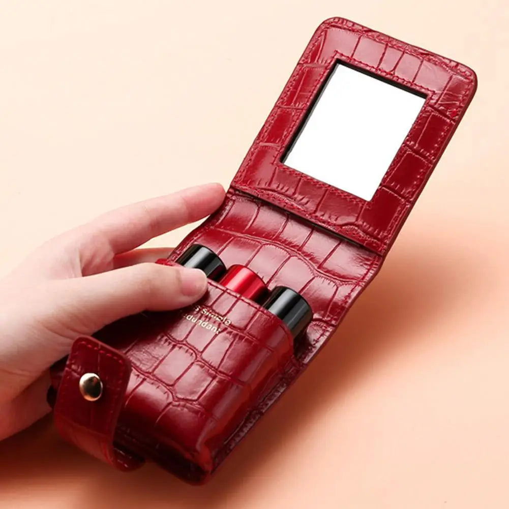 PU Lipstick Case Holder with Mirror Lipstick Holder Makeup Travel Cases Organizer Bag Mini Handheld Lipstick Pouch for Women Oasis Select