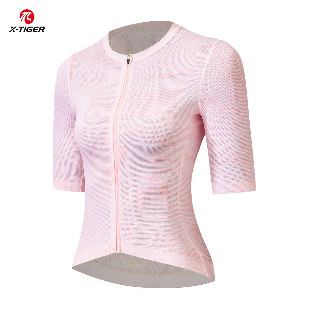 X-TIGER Cycling Jersey Women High Quality Breathable Bicycle Race Tops Short Sleeve 3 Pocket Fashionable MTB Road Bike Jersey Oasis Select Pink Asian-M