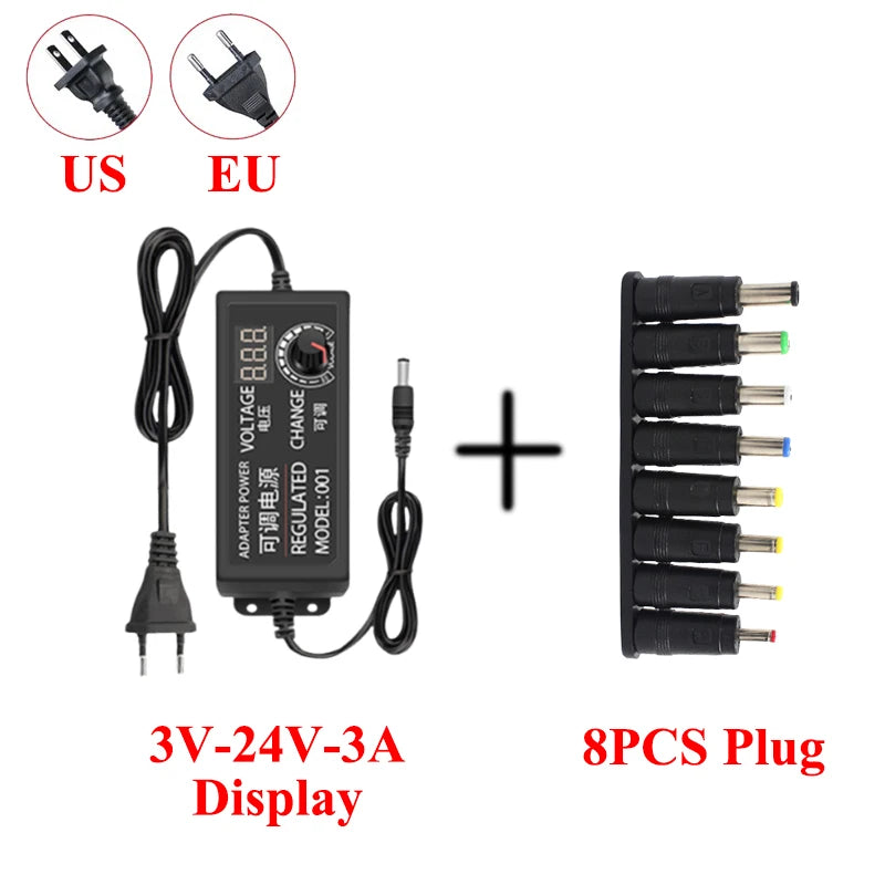 Transfotrmer AC 220V TO DC 12V 24V 5V Adjustable Power Supply Adapter DC 3V-24V Transformers AC 220 V To 12 24 V With 8PCS Plug Oasis Select 3A Display With 8PCS EU Plug