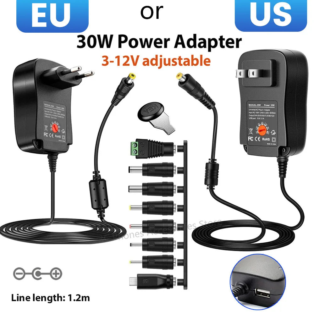 EU/US 30W Power Adapter 3V 4.5V 5V 6V 7.5V 9V 12V Adjustable Voltage Adapters Universal Charger Switch Power Supply Converter Oasis Select US plug