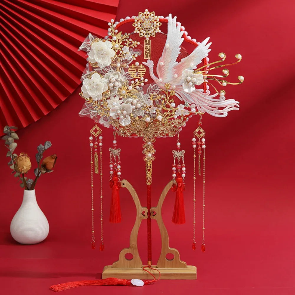 Handmade Chinese Bridal Fan – Silk Tassel & Flower Wedding Fan