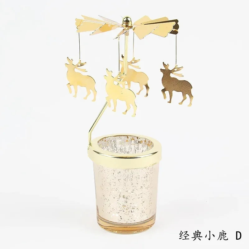 Gold Romantic Rotating Candlesticks Home Christmas Party Decoration Snowman Rotation Spinning Carrousel Tea Light Candle Holder Oasis Select D
