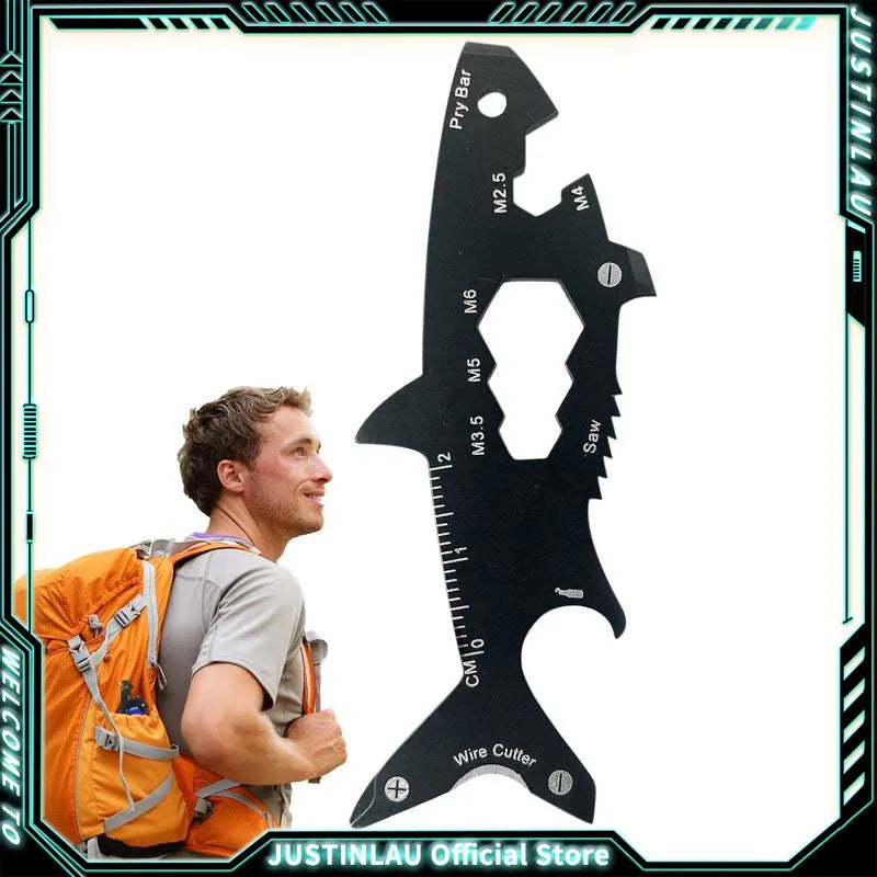 Shark Shaped Bottle Opener 15 in 1 Wallet Tool Card Stainless Outdoor Pocket Screwdriver Survival Tool Multi-function Keychain Oasis Select