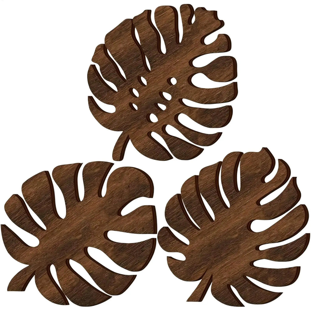 3Pcs Wooden Heat Resistant Trivet Set Monstera leaves Design Kitchen Countertop Protector Desk Decor Table Coasters Cup Holder Oasis Select