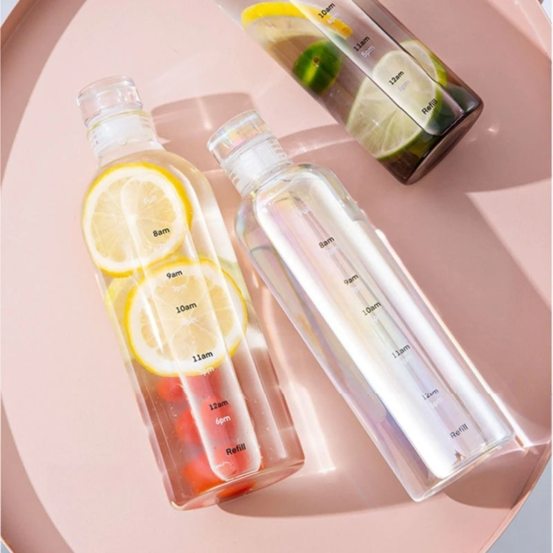 2pcs 300-1000ml Clear Glass Water Bottle Large Capacity with Time Marker Cover for Water Drink Outdoor Portable Milk Juice Cup Oasis Select
