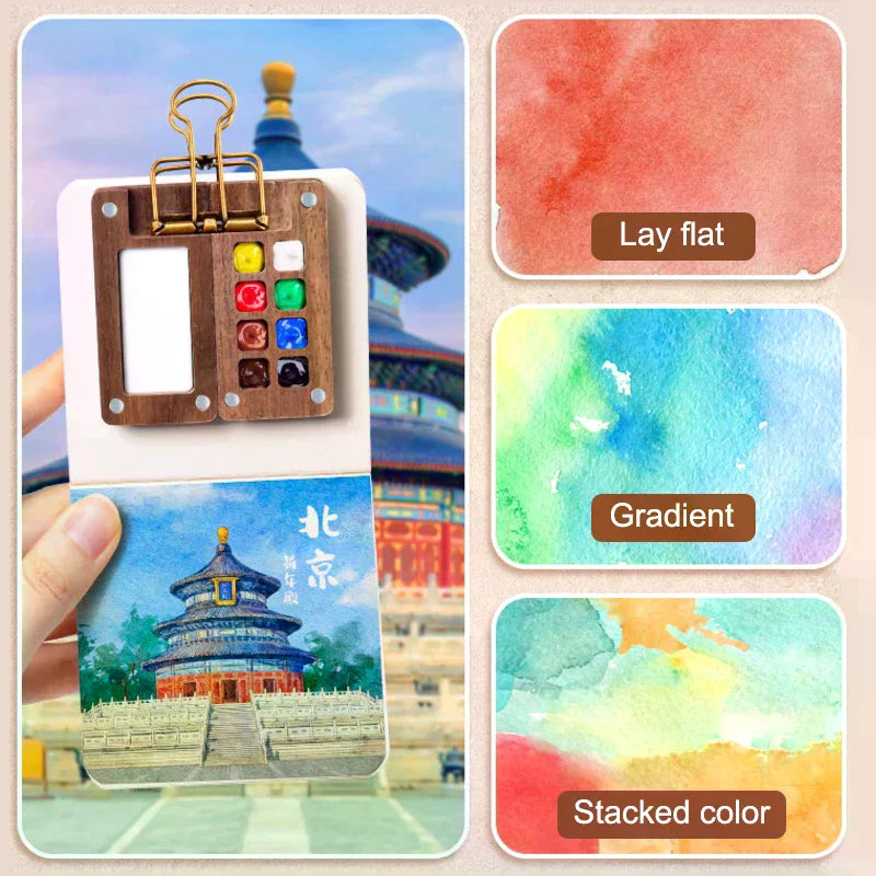 Mini Walnut Wood Watercolor Palette Portable Paint Box With Clip Travel Painting Paint Tray Art Supplies Sketchbook Palette Oasis Select
