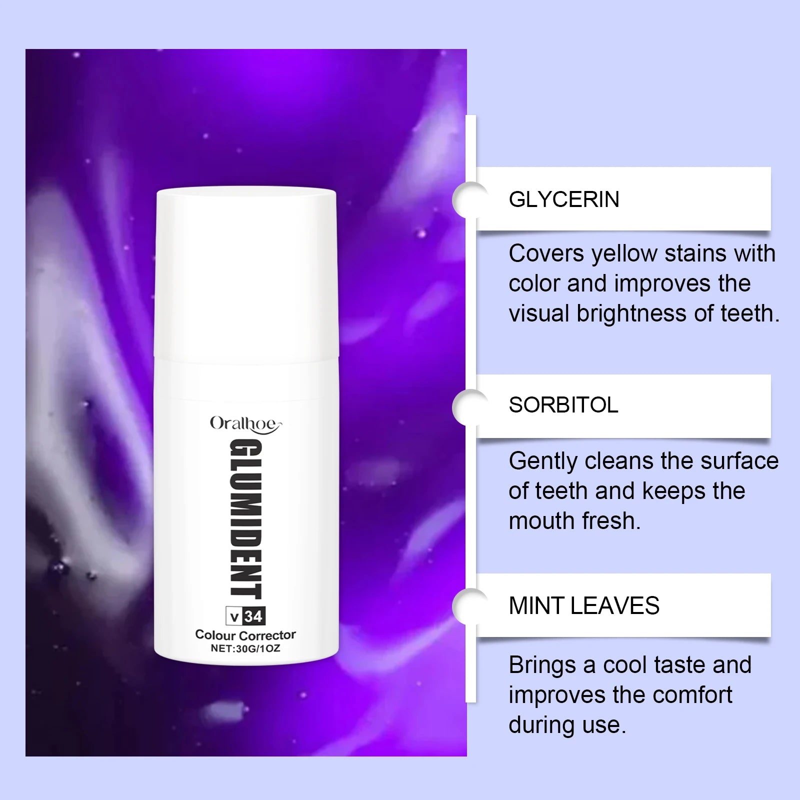 Purple Cleansing Whitening Toothpaste Remove Stains Teeth Cleansing Refreshing Oral Clean Care Improve Smell Fresh Breath 30g Oasis Select