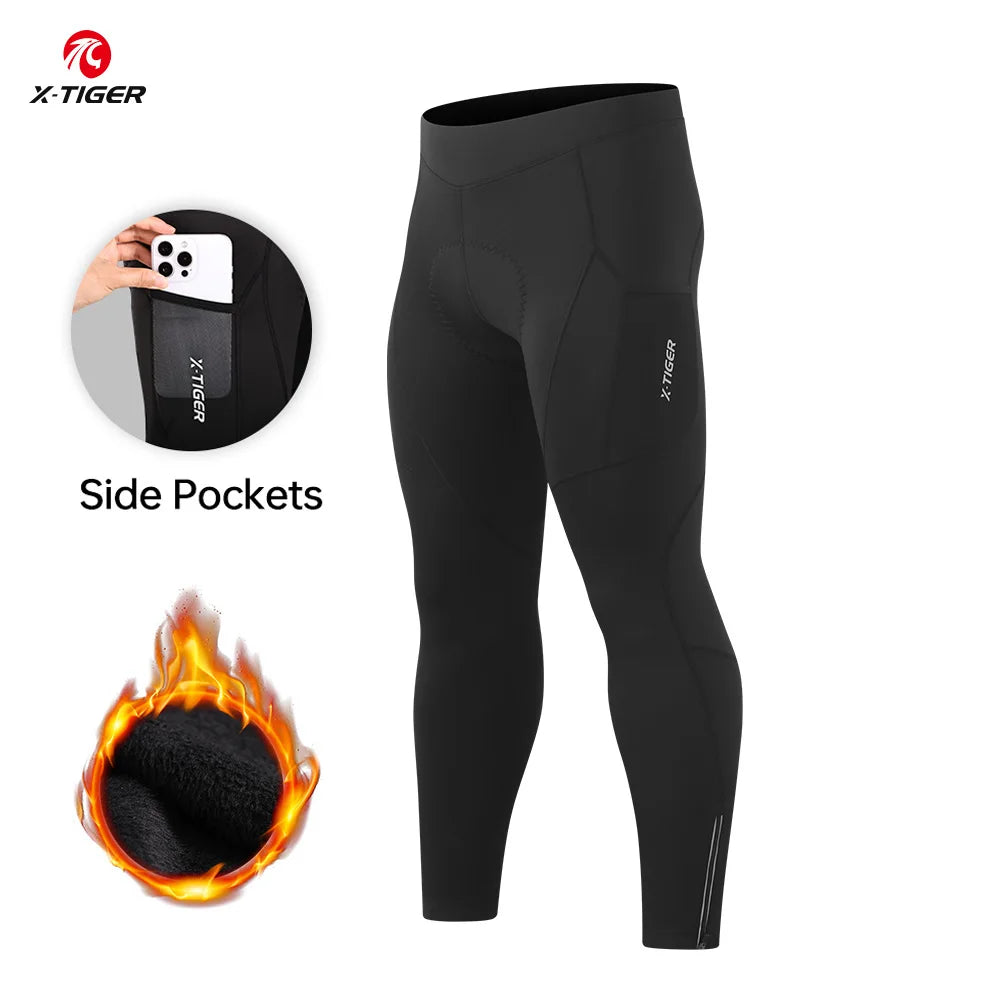 X-TIGER Men's Winter Cycling Pants Autumn Sponge Pad Shock Absorption Bicycle Trousers Keep Warm Long CyclingTights With Pockets Oasis Select XM-ZK-34501 L