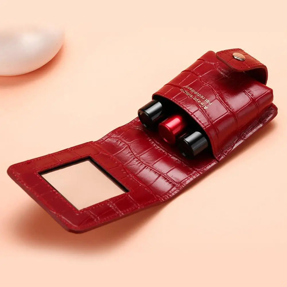 PU Lipstick Holder with Mirror – Travel Makeup Organizer Case Lipstick Travel Case Oasis Select
